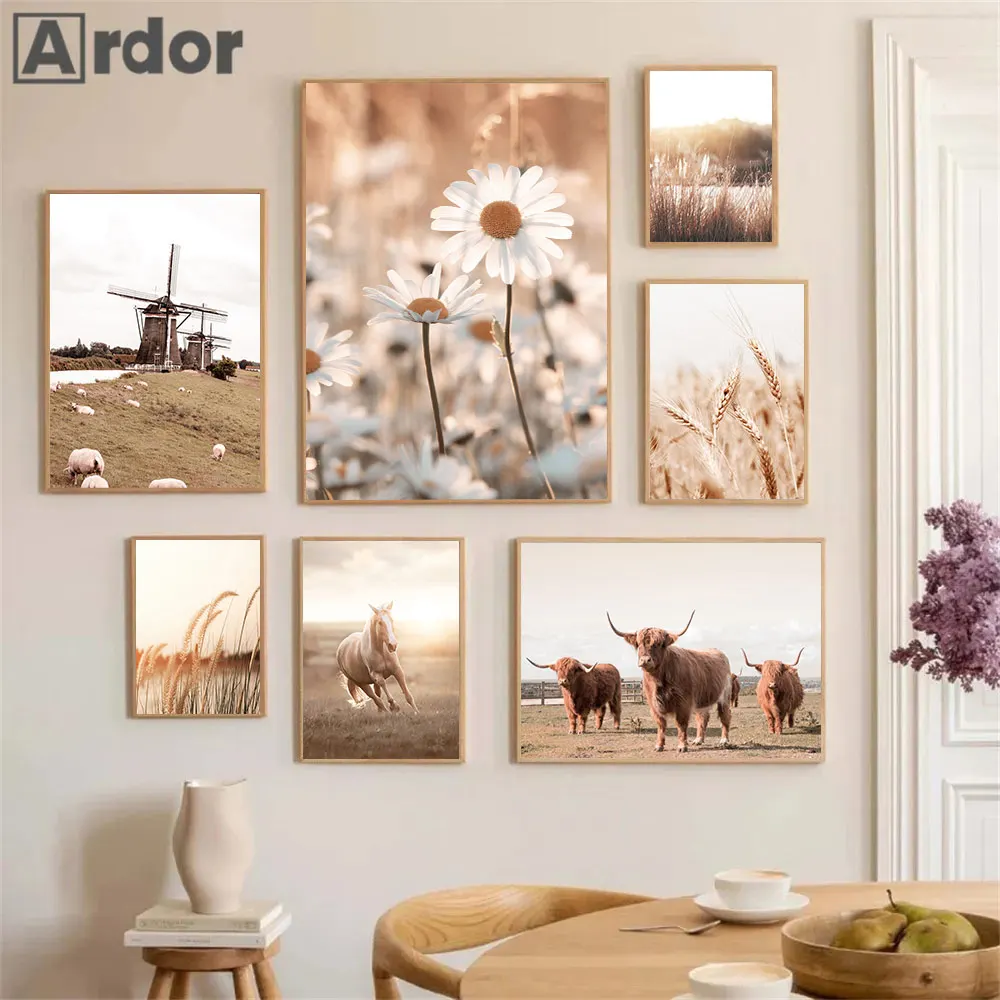 

Highland Cow Poster Wheat Daisy Reed Wall Art Canvas Print Windmill Art Painting Horse Posters Nordic Wall Pictures Home Decor