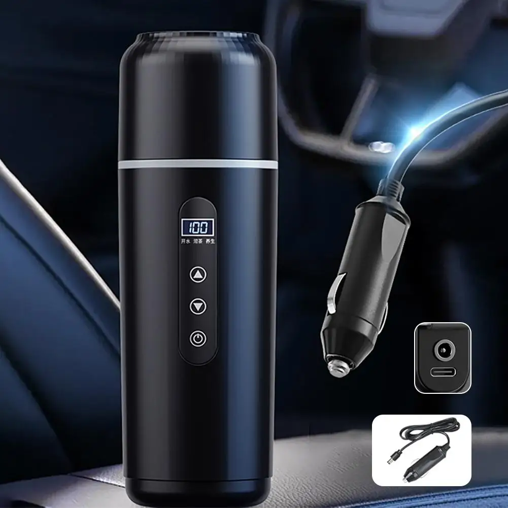 휴대용 보온병 12V/24V 겸용 USB 열 보존 통합 가열 500ml 끓는 물 컵 LCD 디스플레이