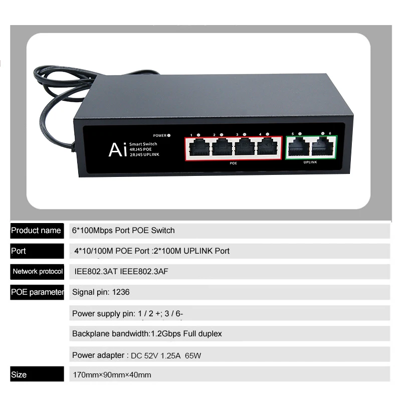미니 POE 스위치 이더넷 6 포트, UTP RJ45 허브, 100Mbps 스마트 네트워크 스위치, 인터넷 분배기, 자동 MDI/MDIX