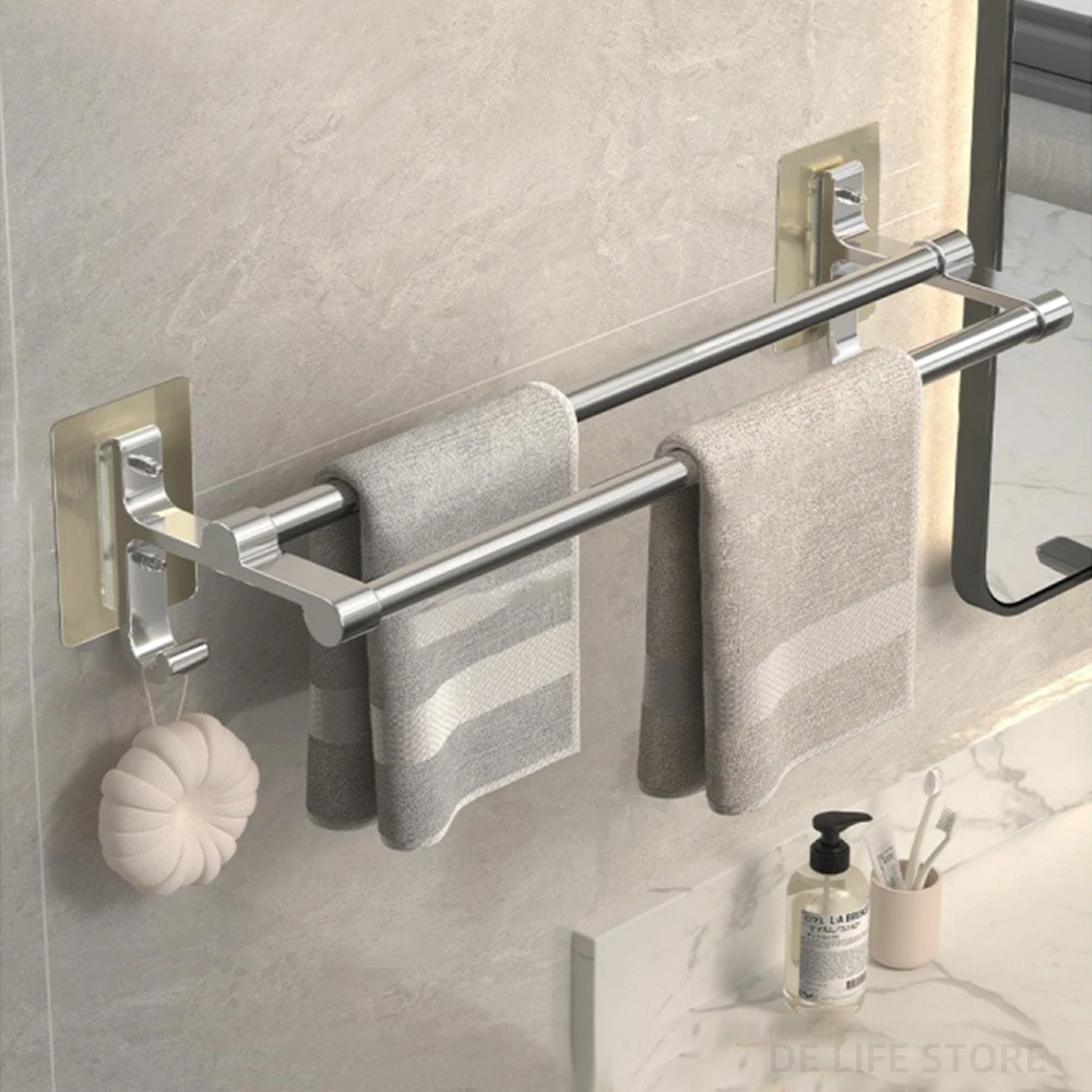 Aluminum Bathroom Towel Holder Self-Adhesive Towel Rack Without Drilling Wall Double Rod Bath Hanger Shower Bathroom Accessories