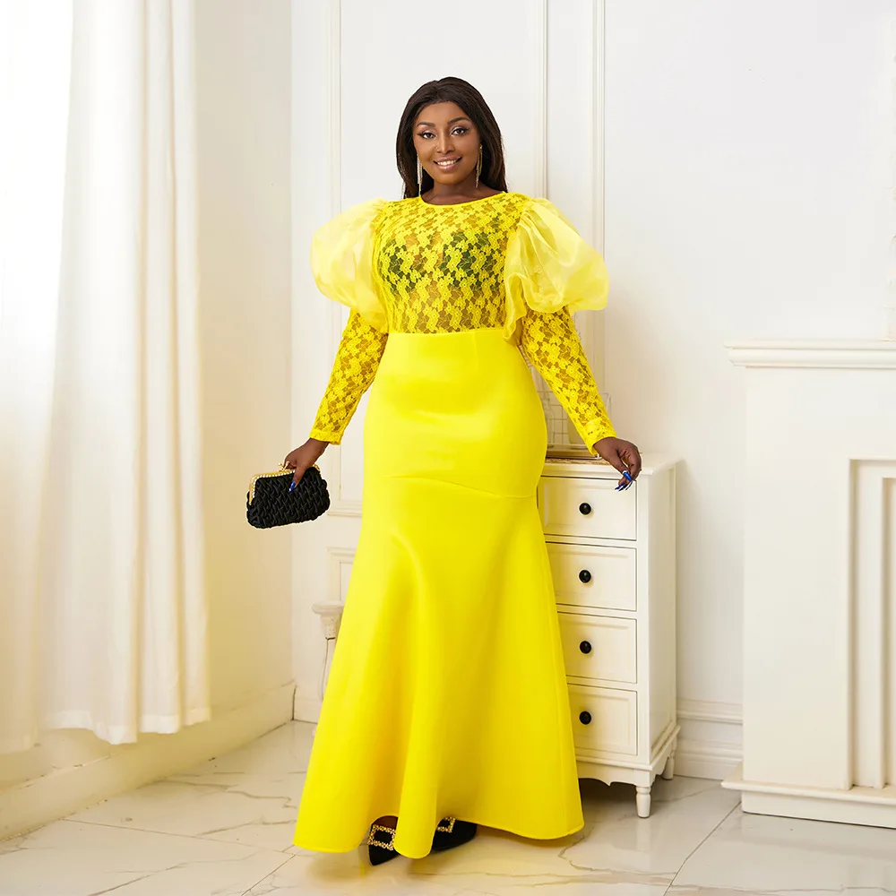 

African Dresses for Women Spring Summer 2023 Elegant African Women Long Sleeve O-neck Polyester Yellow Long Dress Maxi Dress
