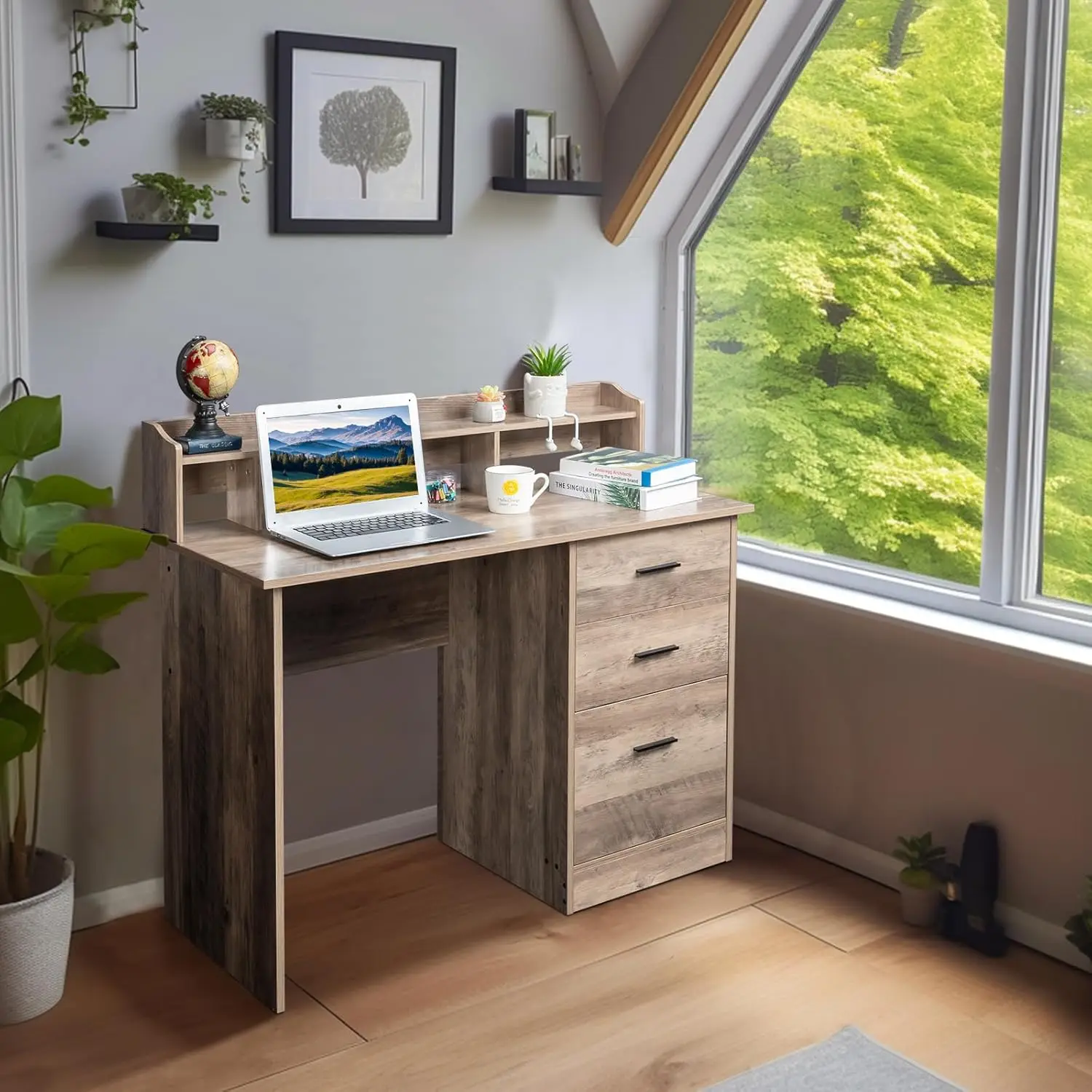 Grey Computer Desk with Drawers ＆ Hutch, Modern Home Office Desks with Storage for Kids Students Teens Small Wood Table for Work