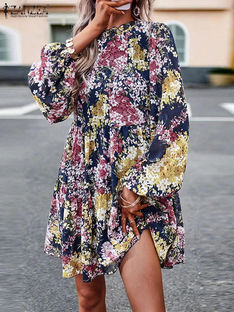 

ZANZEA Streetwear Women Floral Print Tiered Dress 2023 Autmun Long Puff Sleeve Short Robe Fashion Pleated Stand Collar Vestidos