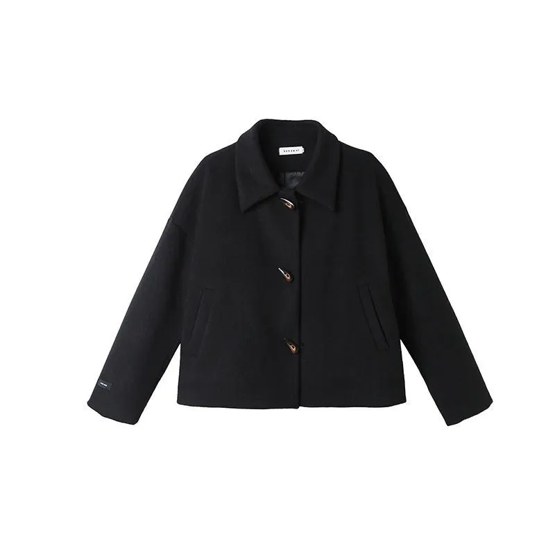 HOUZHOU Vintage Black Tweed Jacket Women Korean Fashion Streetwear Wool Blends Coat Chic and Elegant Winter Old Money Style