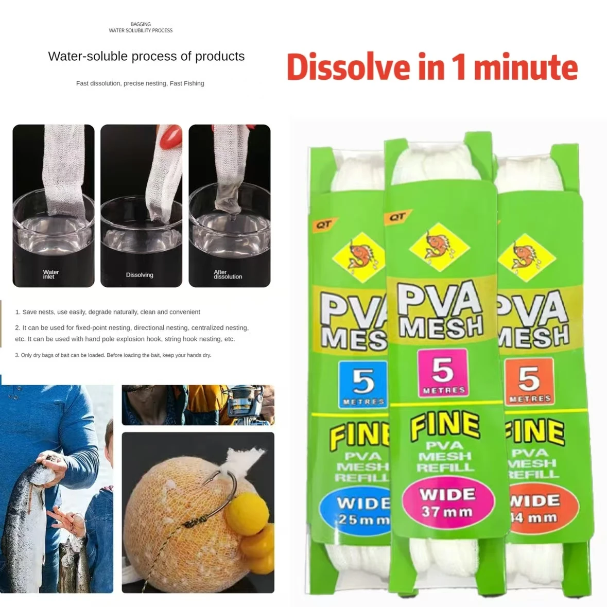 Recharge de sacs PVA solubles 5m pour amorçage carpe - Tailles 25mm 37mm 44mm