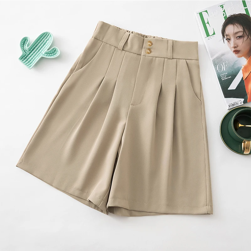 Summer New Womens Shorts Korean Loose High Waist Casual Basics Button Packet Wide-leg Short Pants Femal