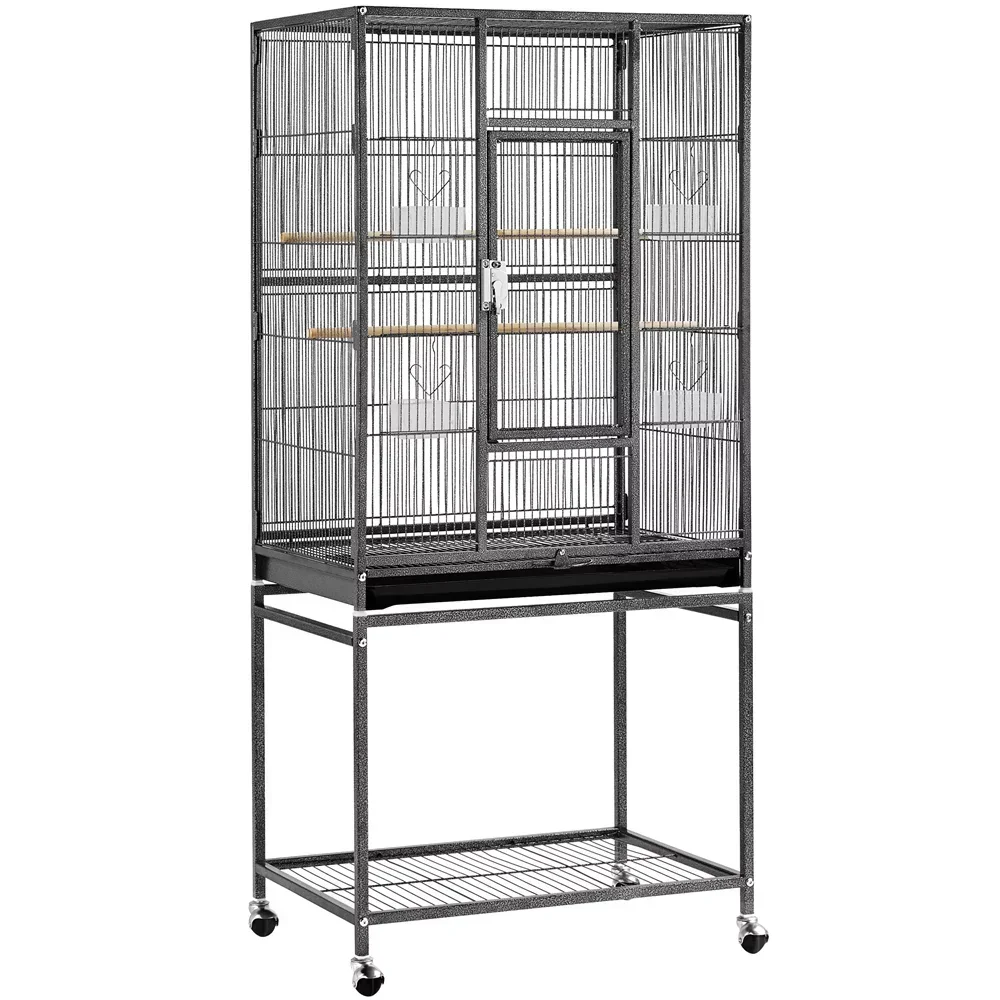 

53.7'' Metal Rolling Bird Cage with Stand, 4 Feeding Bowls, and 2 Perches,Durable and Strong， Black