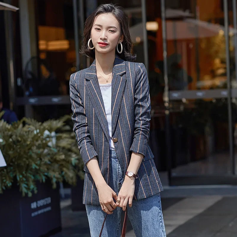 Grey Stripe Blazer Single Button Long Sleeve Office Lady Slim Work Suits Women Plus Size Formal Blazers Interview Business Suits autumn winter 2020 new women s long sleeve professional suit formal trousers set interview career ol work clothes ladies blazers
