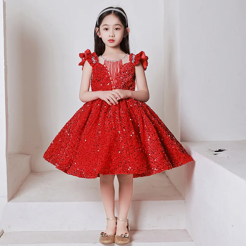 CHICTRY Vestito Lungo Bambina Elegante Principessa Vestito da Cerimonia Paillettes Festa in Pizzo/Chiffon Compleanno Abiti da Sera Matrimonio Abito da Sposa Senza Manica Borgogna 8 Anni