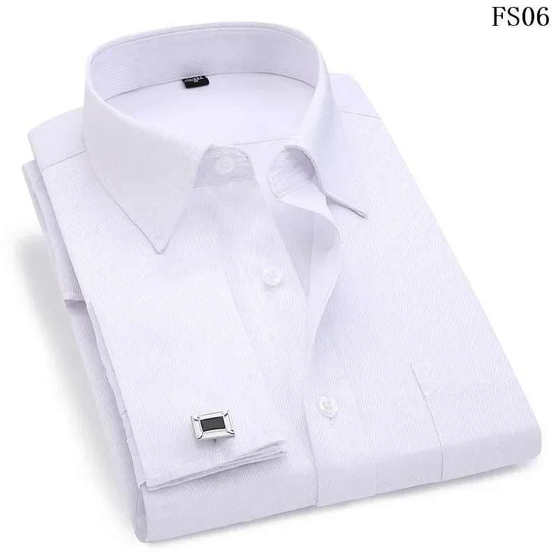 2023 Men French Cufflinks Shirts White Collar Design Solid Color Jacquard Fabric Male Gentleman Dress Long Sleeves Shirt