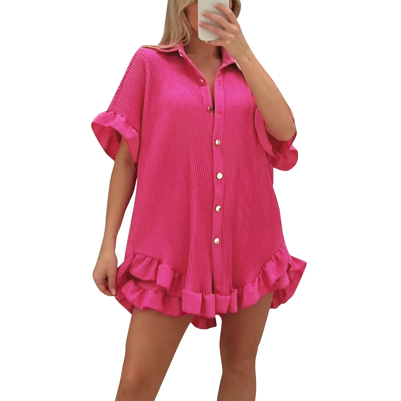 

Новое поступление, комплект из двух предметов с шортами и рубашкой с коротким рукавом, Женский Свободный Повседневный костюм с плиссировкой и оборками, женская летняя одежда