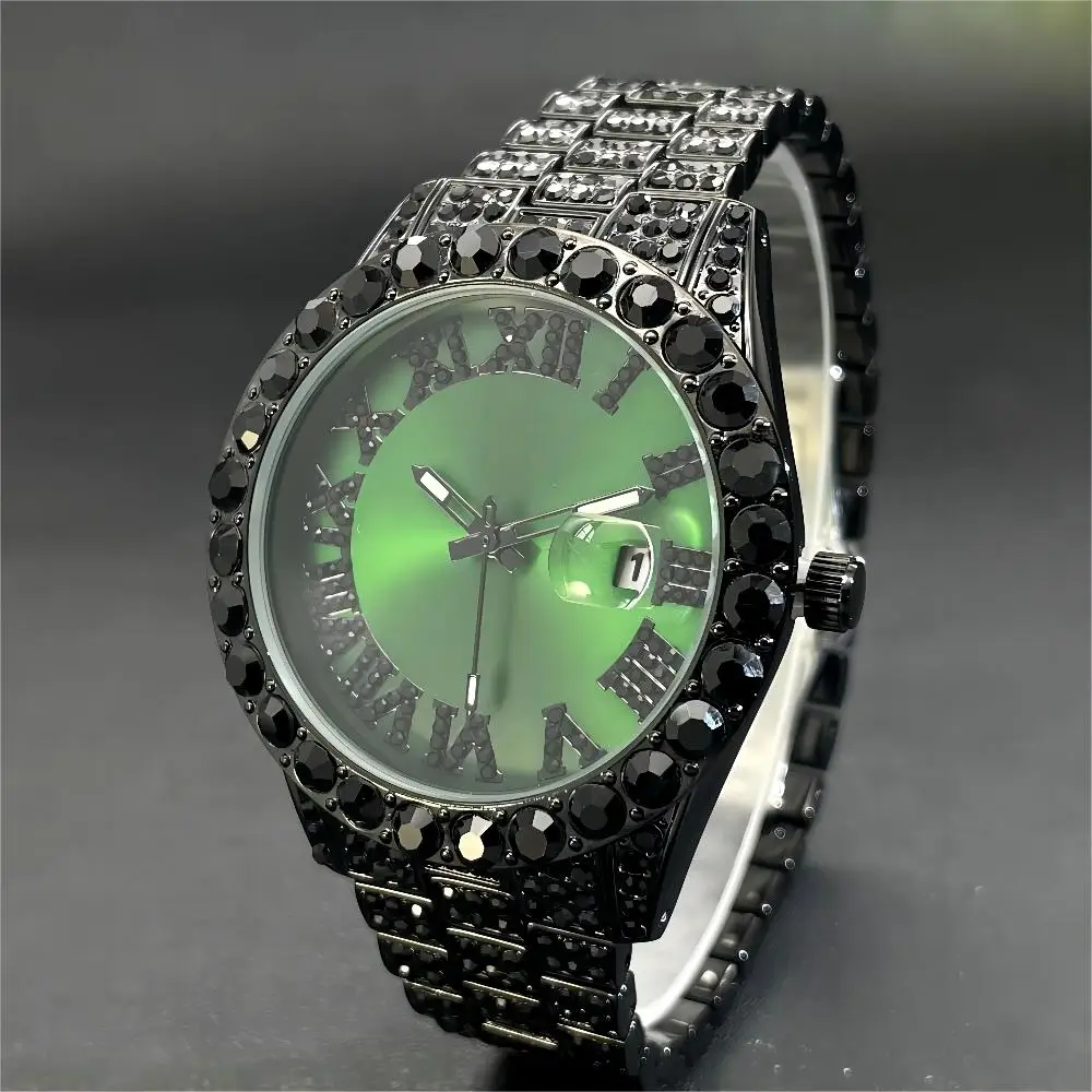 2024 MISSFOX Green Watch For Men Fashion Iced Out Quartz