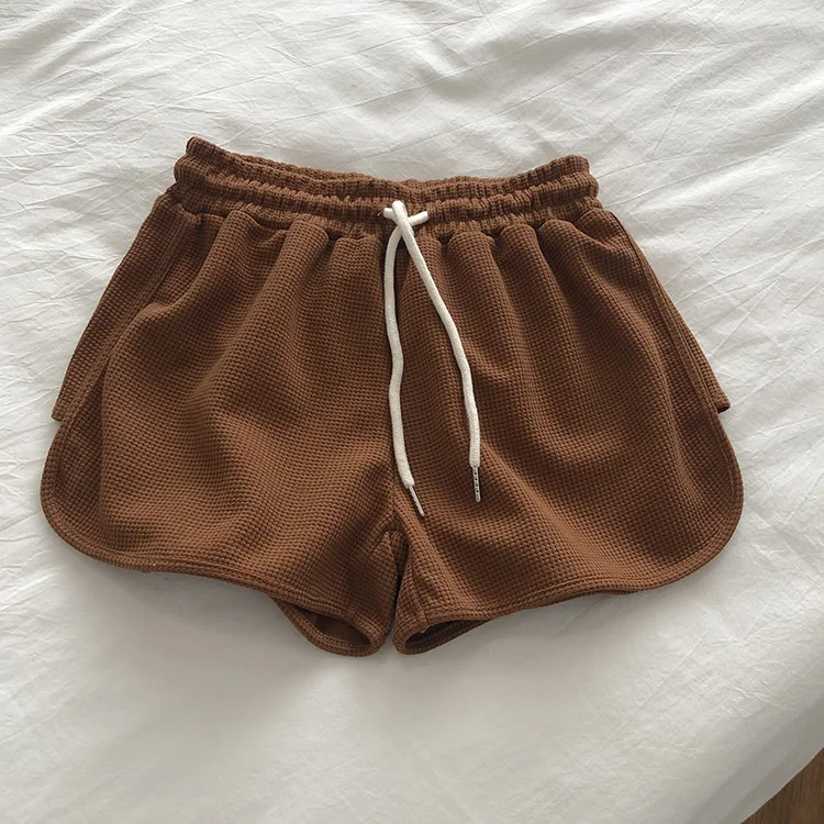 spandex shorts Summer Women Sports Shorts Elastic Drawstring High Waist Cotton Waffle A-line Wide Leg Shorts Solid Women Home Casual Shorts women's swim shorts