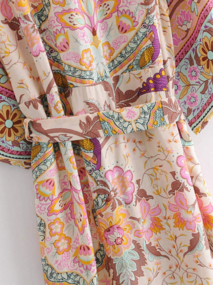 Beach Cover Boho Women Peacock Print Bat Sleeve Kimono Robe
