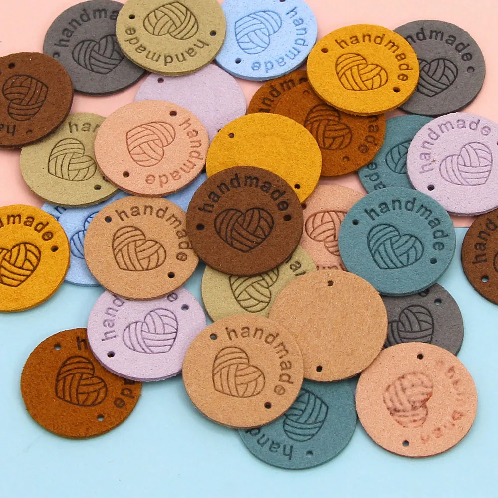 Leather Labels Round Heart Yarn Ball Handmade Tags For Clothes 20pcs Mix Color Hand Made DIY Bags Sewing Garment Accessories