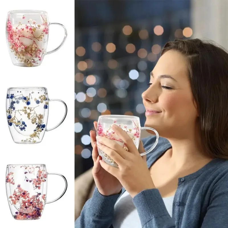 350ml Dried Flower Cup Double Insulated Wall Glass Full Star Milk Coffee Mug with Handle Hot and Cold Tea Cups Beverages Cups