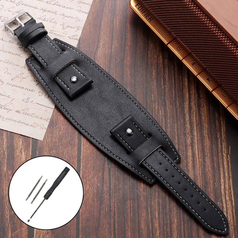 Vintage-Style Leather Watchband Strap, Black and Brown Bracelet