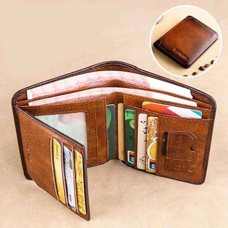 

Multi Blocking Trifold Credit Rfid Male Genuine Card Money Wallet Purse Short Leather Vintage Function Thin Holder Men ID Wallet