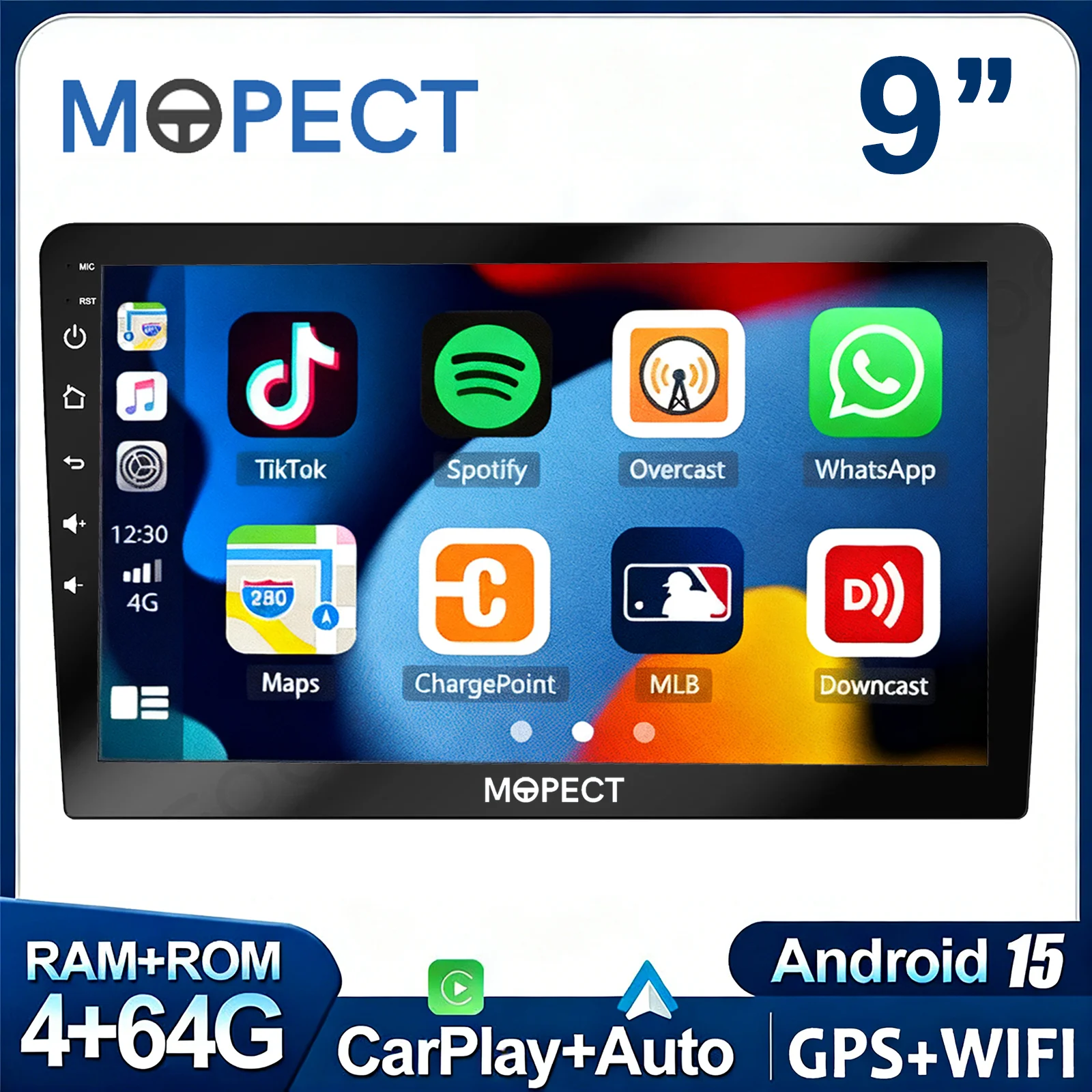 MOPECT Radio Multimedia para Auto de 9 Pulgadas 2 DIN Android 15 4+64G, CarPlay Universal, Android Auto, Navegación GPS, Radio AM, DAB+ y Cámara para Auto 1