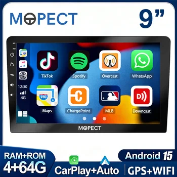 MOPECT Radio Multimedia para Auto de 9 Pulgadas 2 DIN Android 15 4+64G, CarPlay Universal, Android Auto, Navegación GPS, Radio AM, DAB+ y Cámara para Auto 1