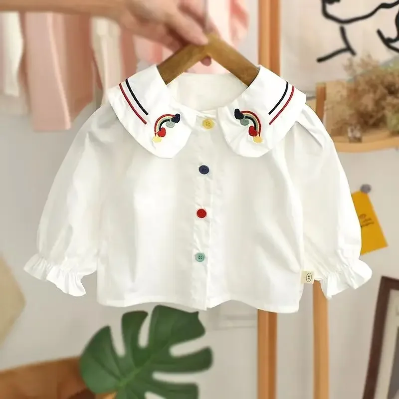 Girls' Shirt Spring and Autumn Polo Collar Pure Cotton Long Sleeve White Shirt Girls' Children's Top Blouse for Girls kids shirts