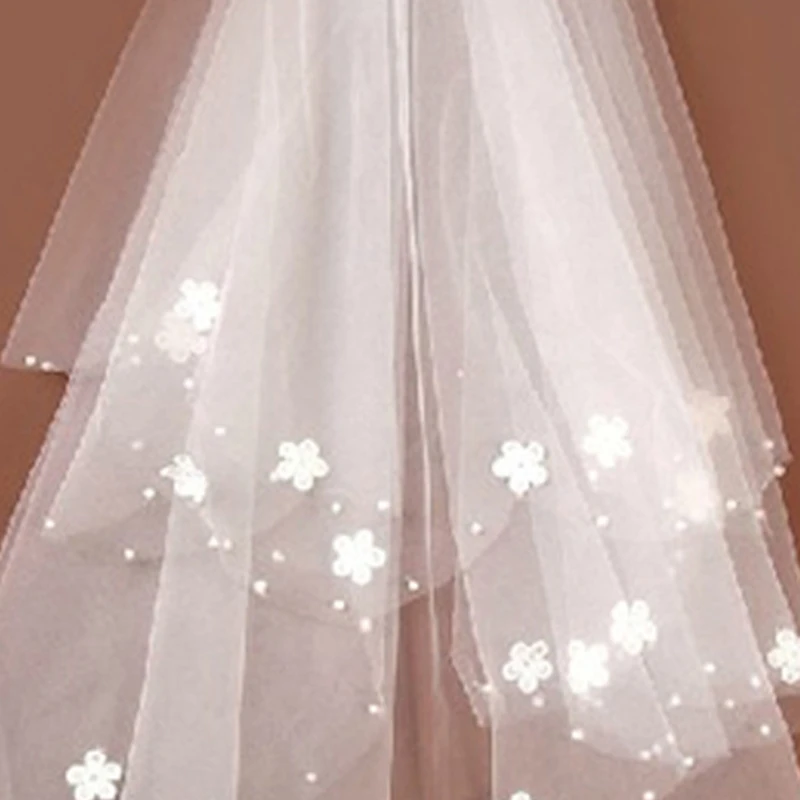 

Women Wedding Dress Embroidered Flower Veil Layersf Tulle Rbbon Bridal Veil