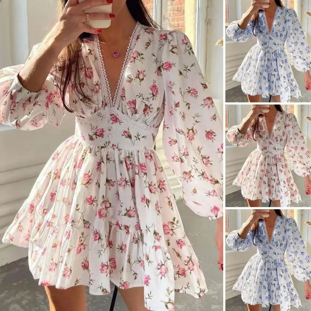 

Women V-neck Dress Slim Waist Dress Elegant Floral Lace A-line Mini Dress with Lantern Sleeves V Neck for Women for Spring