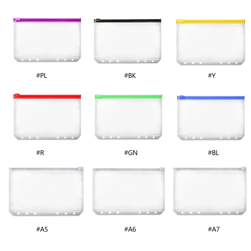 

6-Holes Binder Pockets Waterproof PVC Cash Budget Envelopes Zipper Binder Pouches for A5 A6 A7 Size Notebook Binders 4PC