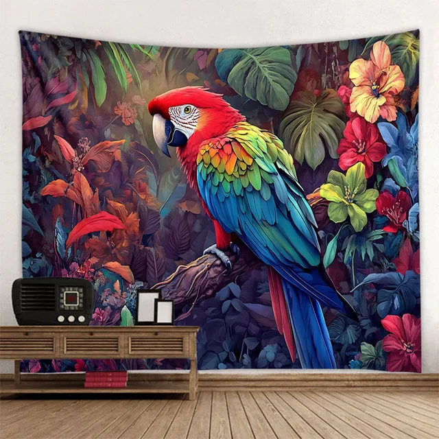 Tapisserie d'art d'oiseau de la jungle, scène psychédélique, décoration de maison, tenture murale Hippie Boho, décor de pièce esthétique, décor mural de maison, tapis de Yoga 3