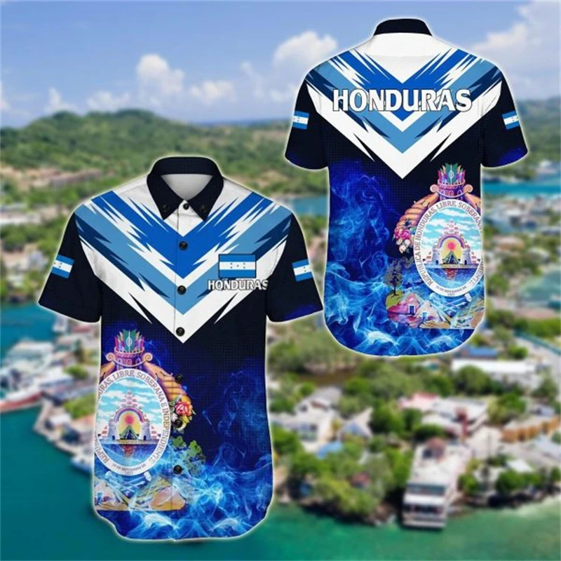 thumbnail image 1 of Camisetas hawaianas con estampado 3D de la bandera y el mapa de Honduras para hombres y mujeres, ropa informal de manga corta, ropa para hombre, 1 of 4