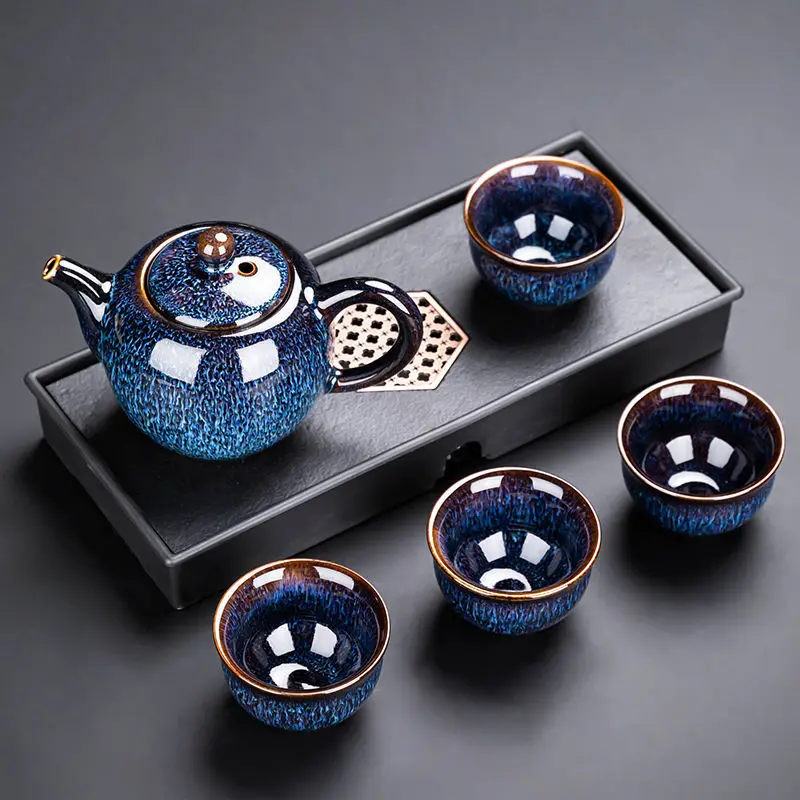 Kung Fu Tea Set with Tray for Office and Home Use, Ceramic Tea Making Utensils for Guests, Teapot Making