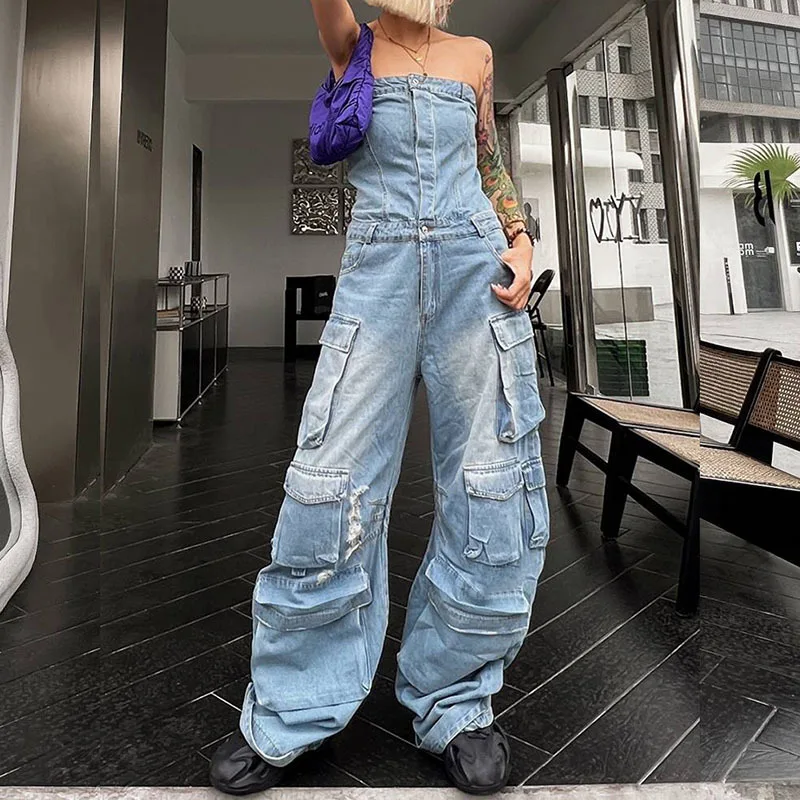 

Distressed Vintage Streetwear Denim Jumpsuit Women Trend Pockets Patchwork Strapless Jeans Female 2023 Summer New