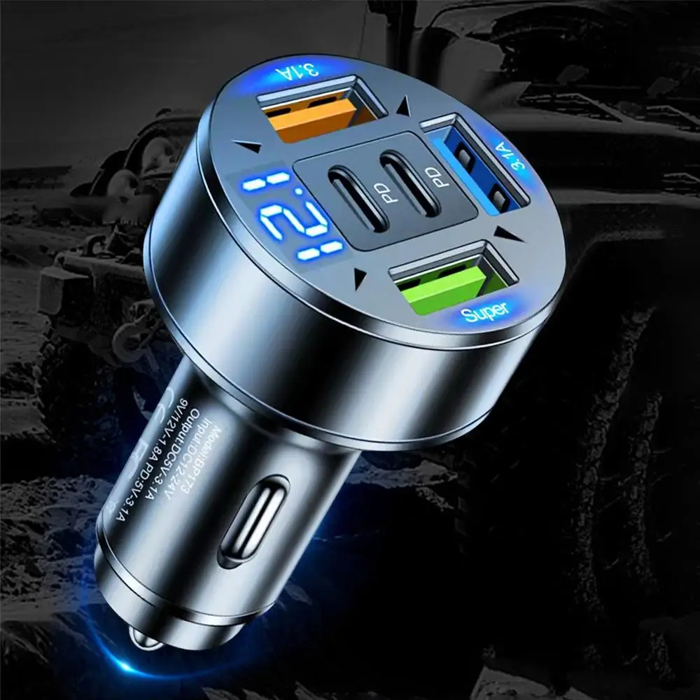 Adattatore per caricabatterie da auto QC3.0 5 in 1 con doppia porta PD e ricarica rapida USB con display di tensione per iPhone, Samsung, Huawei_voghion.com