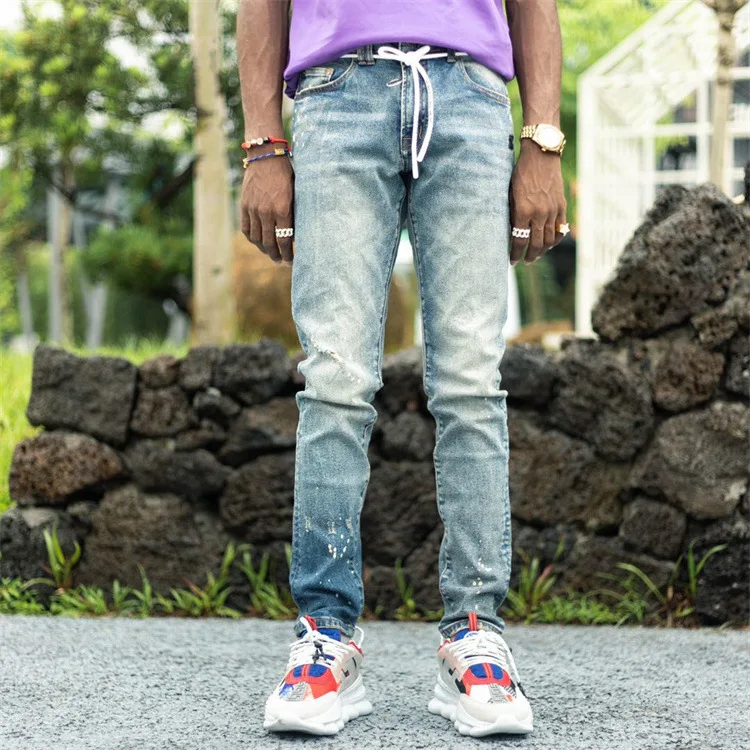 

New fashion light blue holes men's jeans denim pants printed male