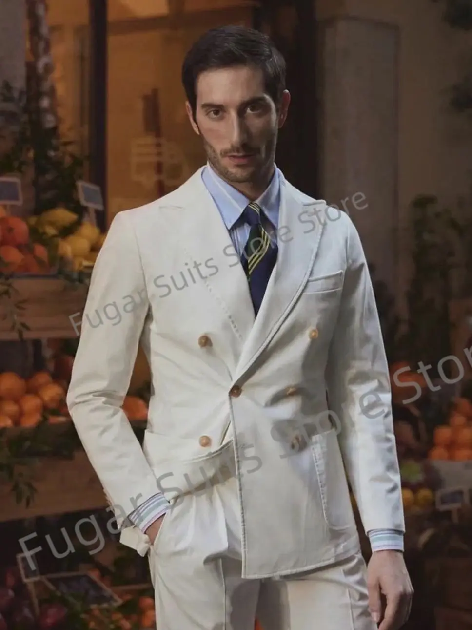 Gentleman White Wedding Men Suits   Made  Double Breasted  Groom Tuxedos 2 Pieces Sets Business Male Blazer Ternos Mascuion