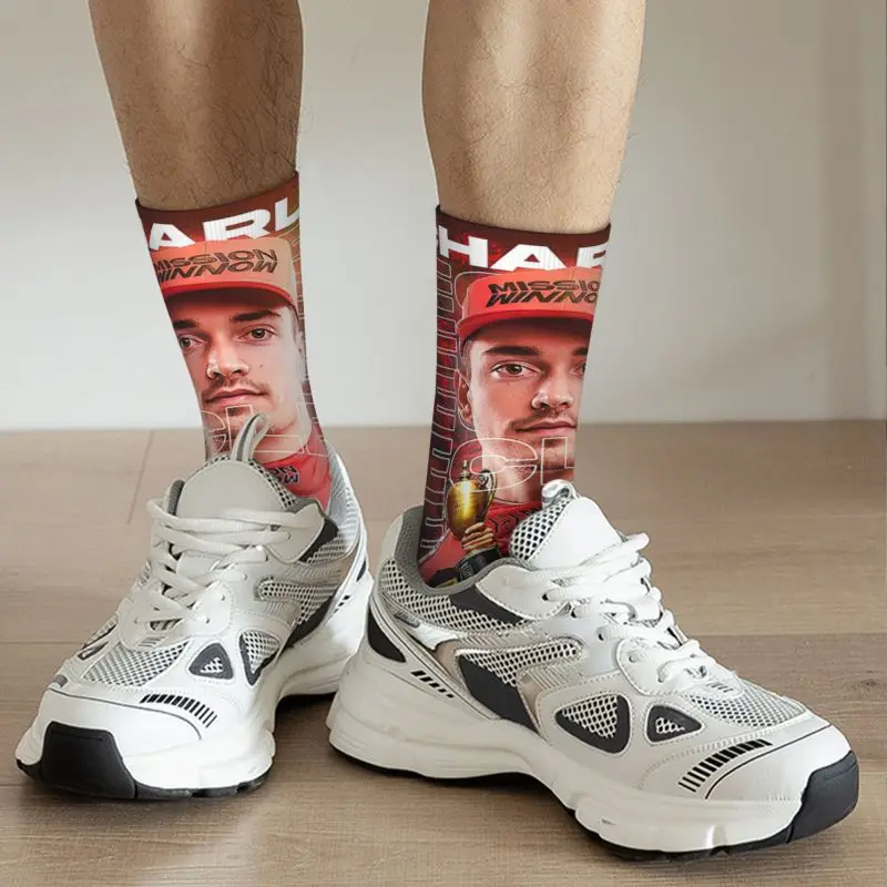 Fun Men\'s Racing Driver Leclerc Charles Dress Socks Unisex Warm Breathbale 3D Printing Formula One Crew Socks
