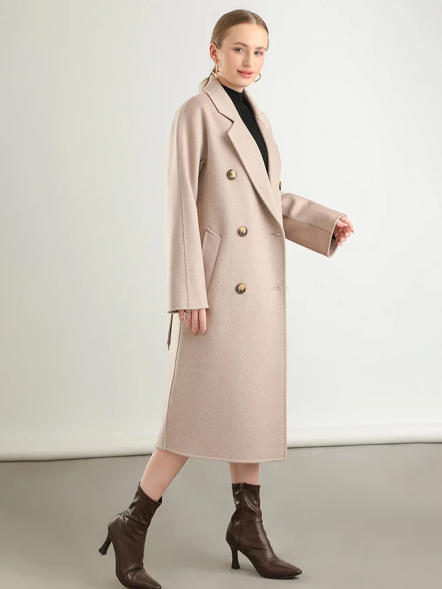 M 801 Real Pure Wool Overcoat Handmade Turn-down Collar Belt