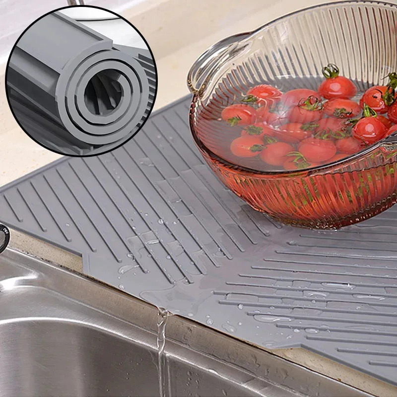 Silicone Draining Board Mat Drying Pad Folding Heat Machine Mat Raised Edges Countertop Mats Dish Kitchen Pot Cup