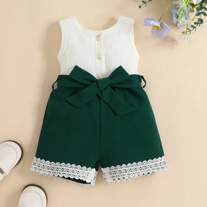 

Newborn Baby Girl Shorts Romper Summer Clothes 2023 Lace Contrast Color Ribbed Sleeveless Jumpsuit with Belt for Kids Infant