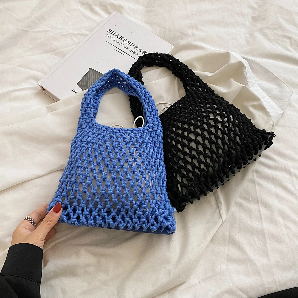 Nuova borsa da spiaggia all'uncinetto per ragazze Corda di paglia estiva Scava fuori Borsa da donna intrecciata a mano Borsa da donna a maglia vuota_voghion.com