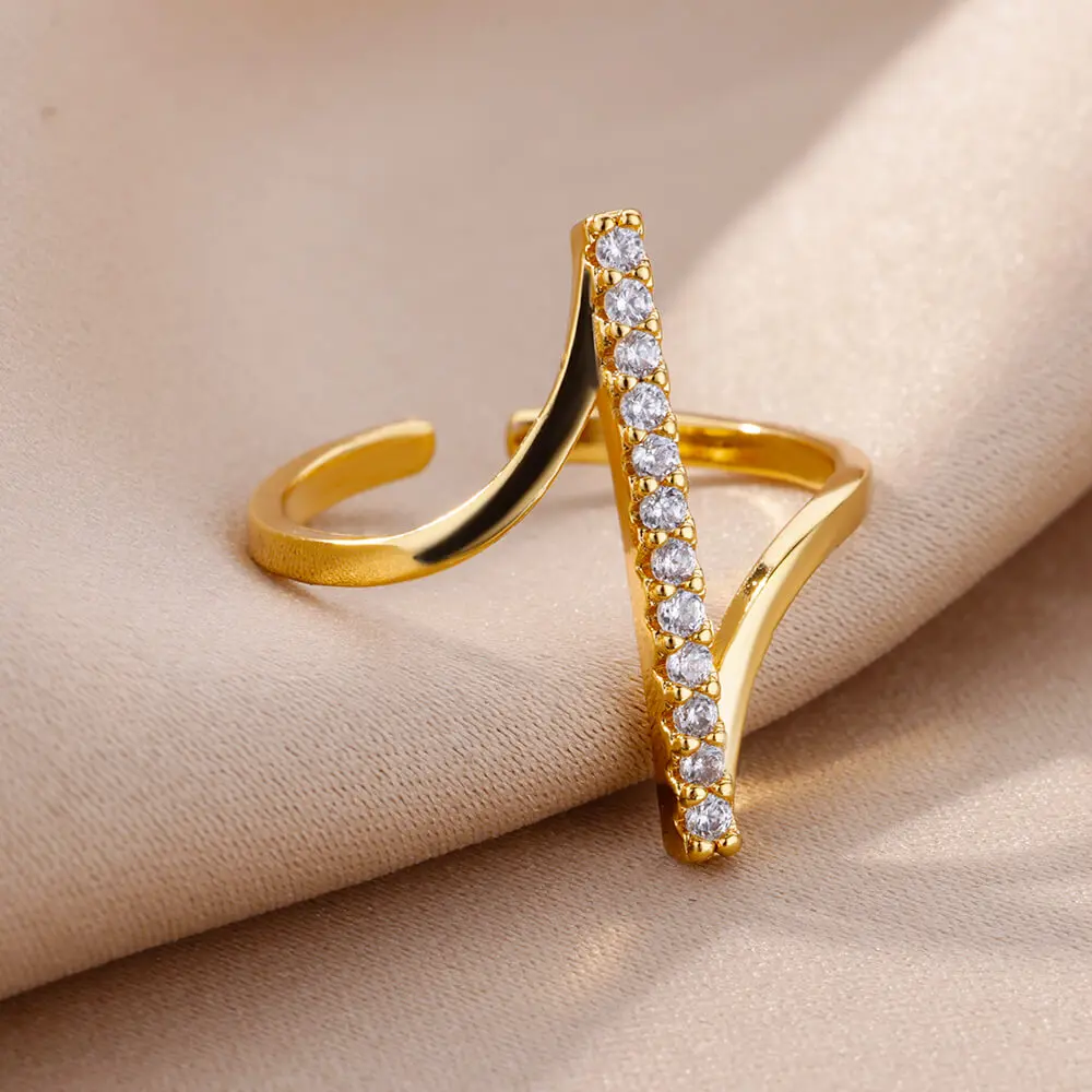 Zircon Geometric Rings Gold Color Stainless Steel Opening Ring