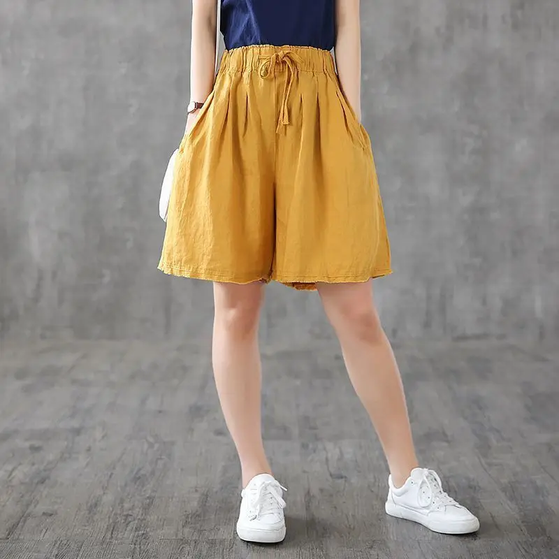 Retro 2024 Summer Women's New Spliced Elasticized High-waisted Drawstring Pocket Fashion Loose All-match Casual Wide Leg Shorts