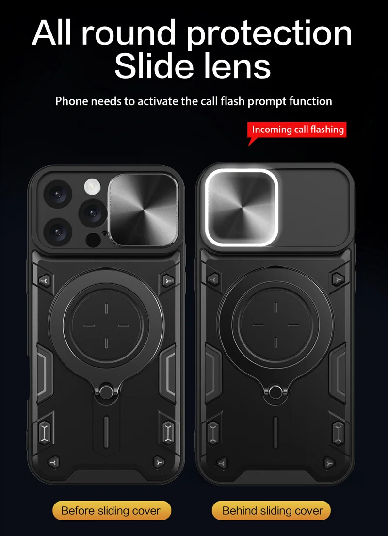 Ultimate Shockproof Armor Phone Case with Slide Lens Protector and Ring Holder Back Cover
