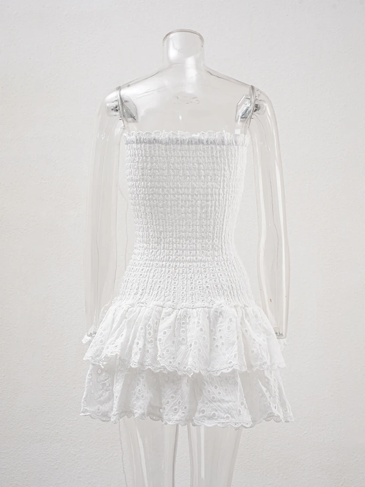 Elegant Embroidery Cut Out Woman Mini Dress Strapless Off Shoulder High Waist Vestidos Female Clothing 2025 Summer 23A430