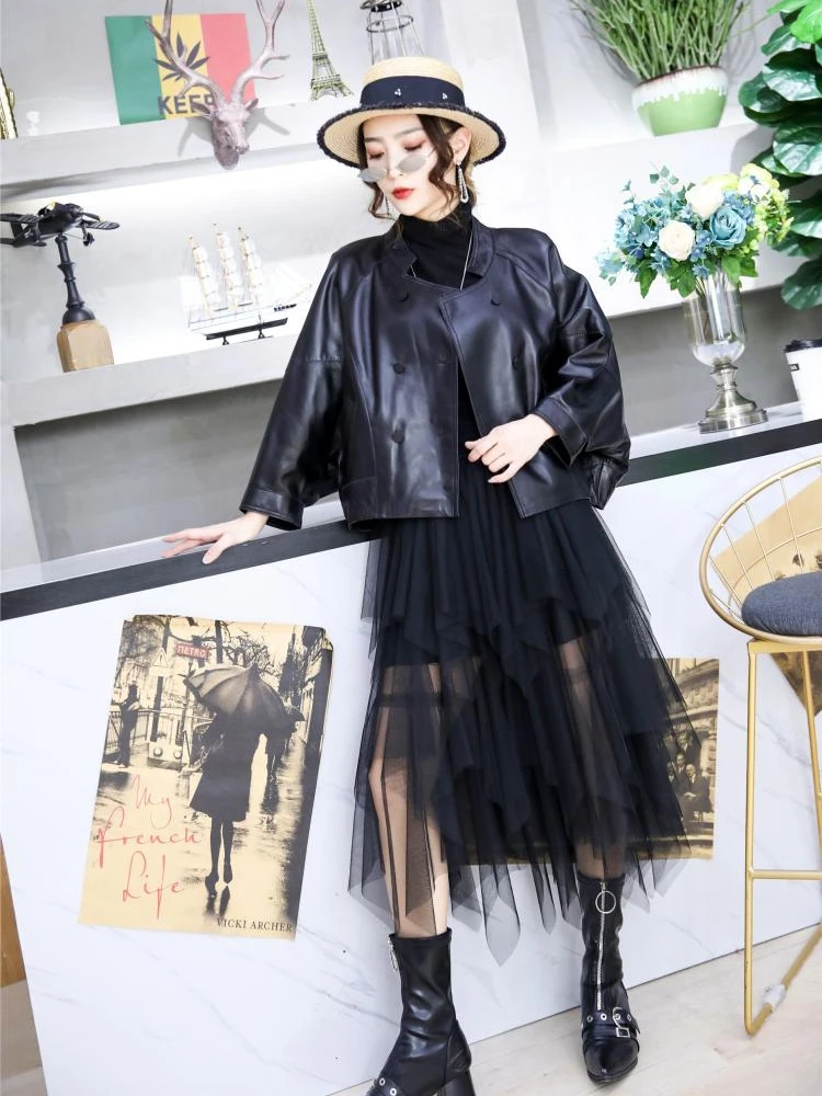 Women's Batwing Sleeve Sheepskin Outerwear, Short Version, Loose Fashion Jacket, Spring and Autumn Coat, Red Tops