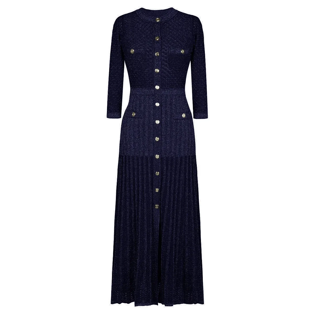 New 2025 Women's Knitted Long Dress round Neck See through Slimming Gown Full Sleeve Ankle Length Regular Waistline Design