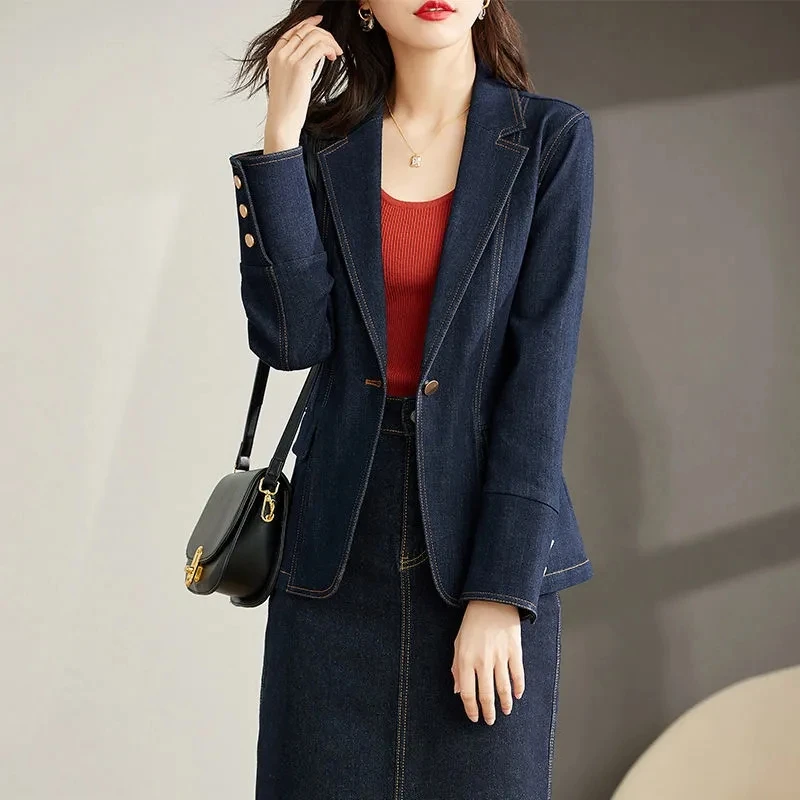 

2023 Summer New Denim Jacket Women M-3XL Slim-Fit One Button Long Sleeve Solid Color Fashion Temperament Suit Coat Female LT435