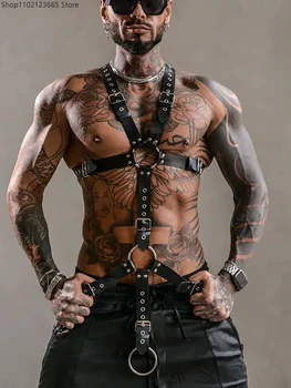 Imbracatura in pelle regolabile da uomo, stile Goth Punk, per cosplay, cintura pettorale con cinghie e O-ring, accessori per festival e rave.