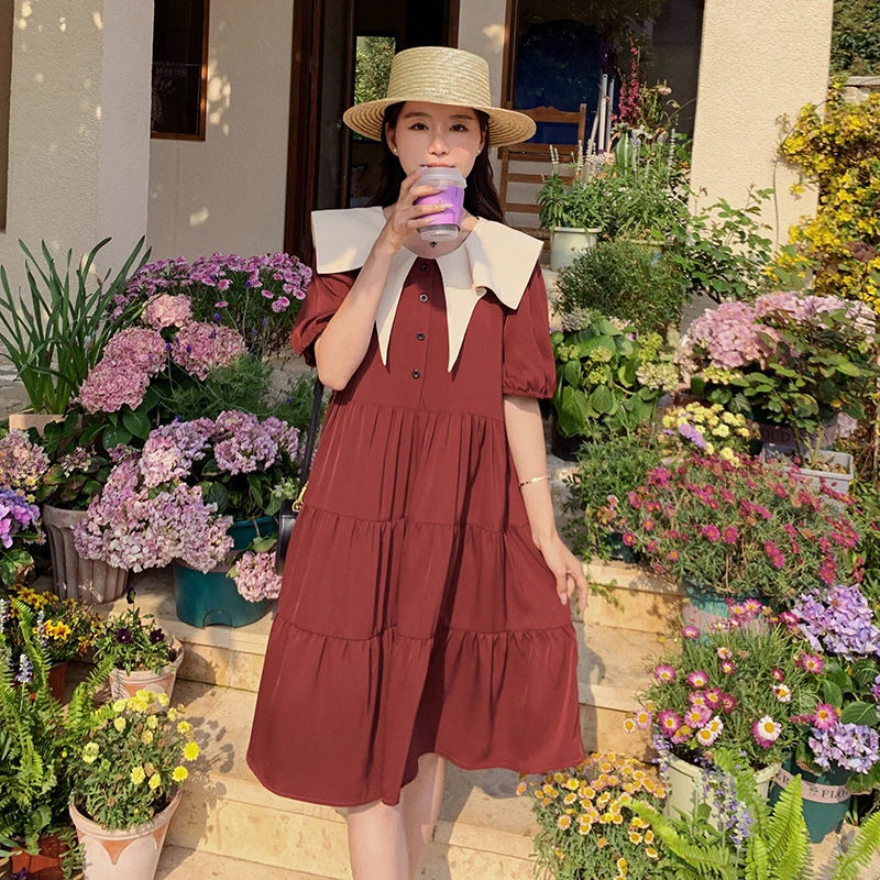 

Wine Red Contrast Color Sailor Collar Short Sleeve Dress for Women 2023 Summer Elegant Sweet Loose Casual Mid-long A-line 0908