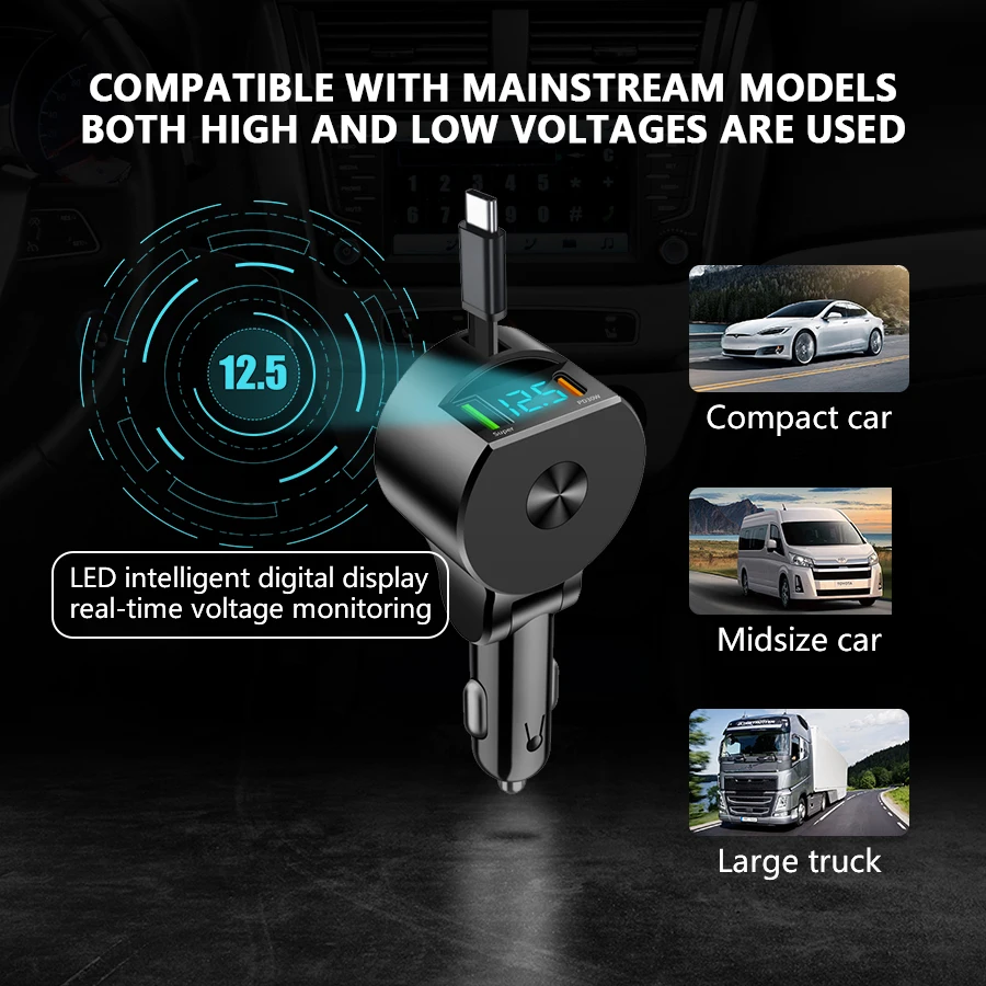 3 In 1 Voltage Detection Car Charger Adjustable Super Fast Retractable Phone Charger USB QC3.0 Type C PD USB C Fast Charging